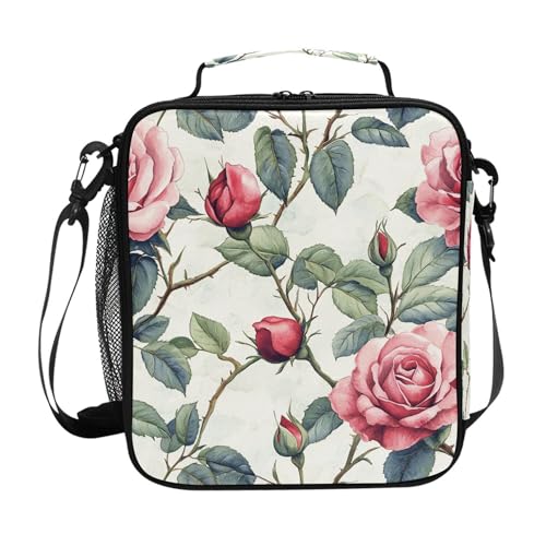 Spring Flowers Beauty Rose Insulated Lunch Box for Girls with Water Bottle Holder Girl Insulated Bag for School Kindergarten