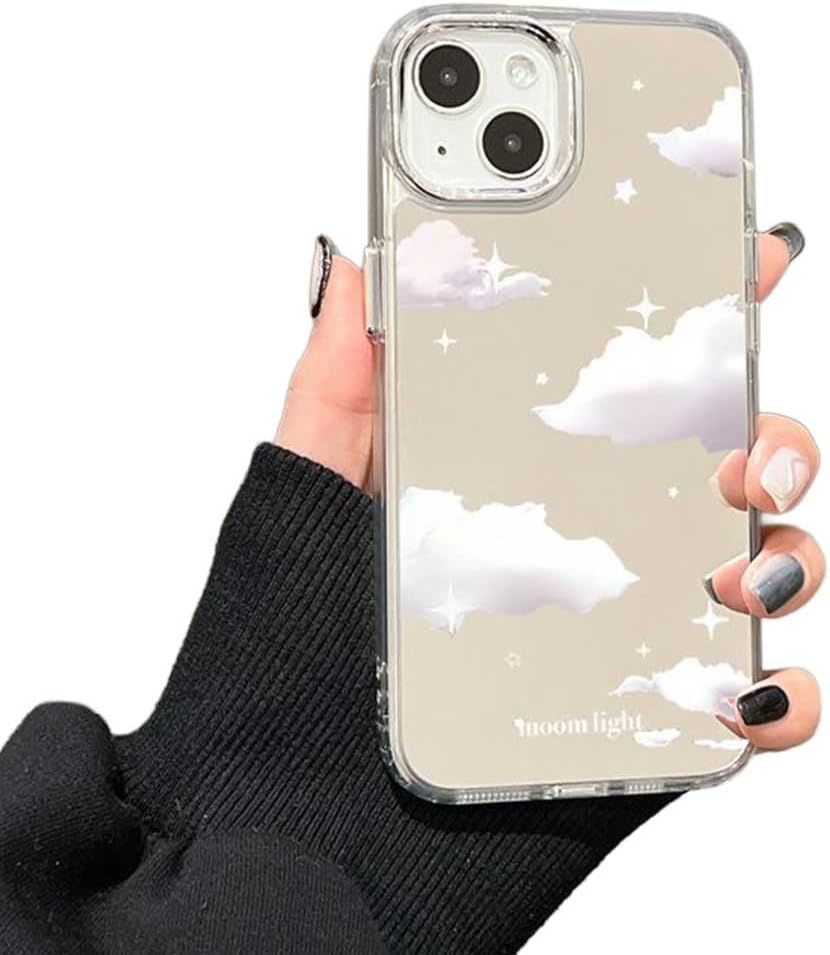 Dreamy Cloud & Mirror Star Aesthetic Phone Case Compatible with iPhone X/XS Electroplated Buttons, Silver