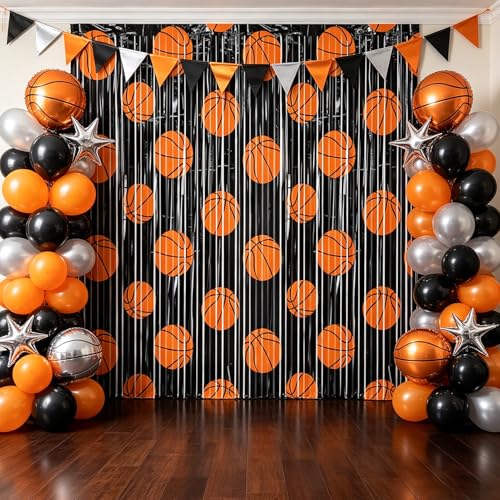 Image of 2 Packs Basketball Foil Fringe Curtain, Black Orange Basketball Pattern Metallic Tinsel Backdrop for Birthday, Baby Shower, Game Day, Team Celebrations, Sports Party Decorations Favor Supplies