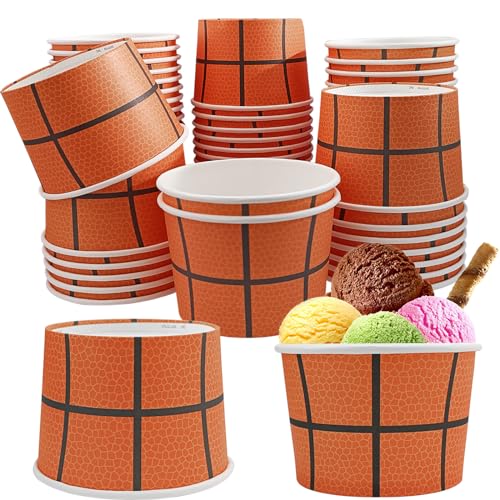 EaciTown 50 Pcs Basketball Paper Ice Cream Cups Basketball Party Treat Snacks Bowls Cute Basketball Birthday Party Supplies Dessert Food Containers For Soup Yogurt, 9 OZ, Orange