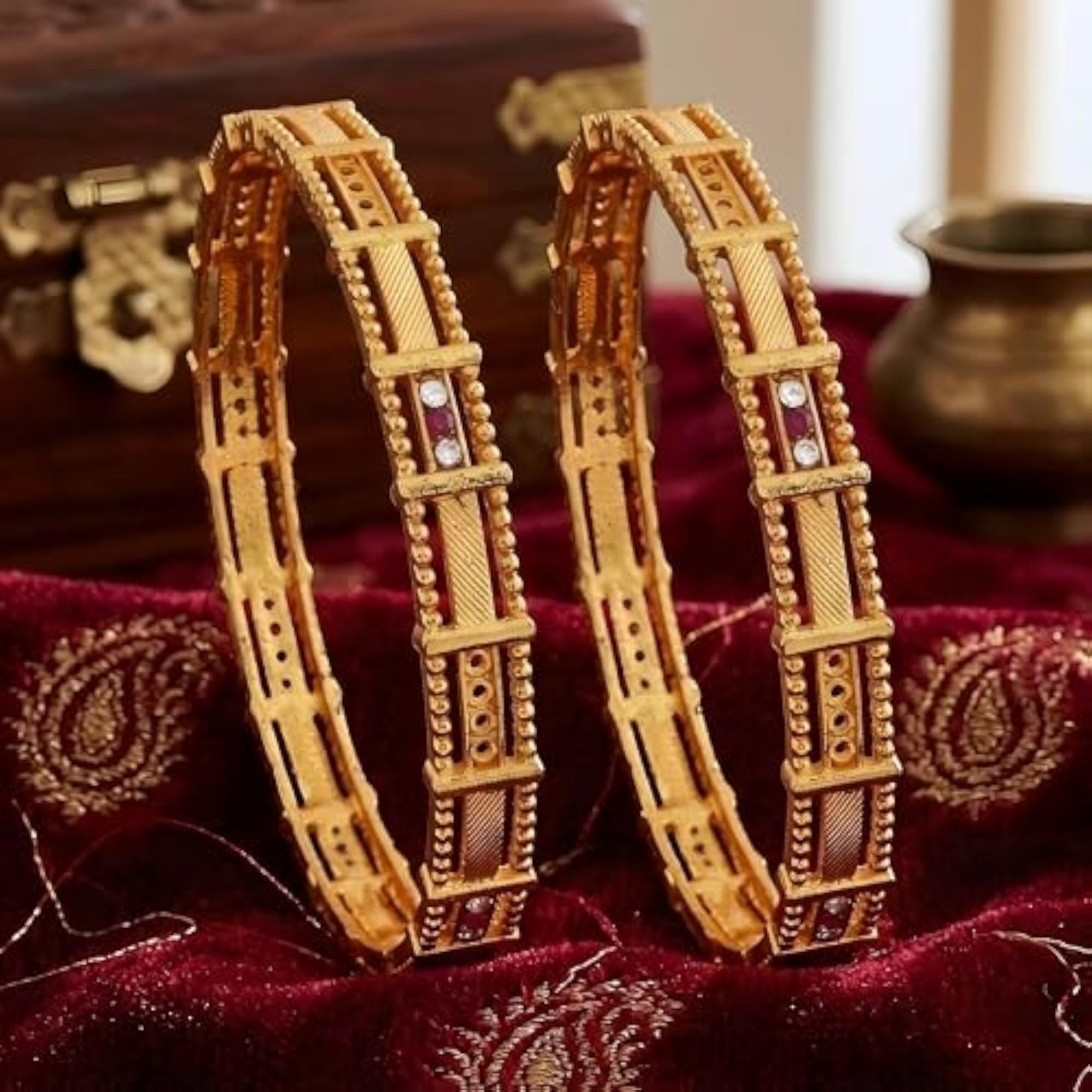 Traditional Indian Plated Bangles with Ruby and Stone Accents, Set of 2
