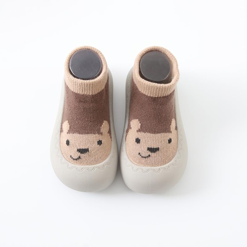 FABRST 2 Pairs Baby Sock Shoes Boys Girls Non Slip Soft Rubber Sole Slippers Toddler First Walking Shoes Infant Babys Slip-on Sneakers(Brown Khaki Bear-12.6)