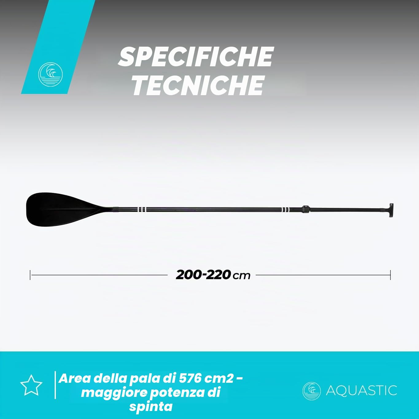 AQUASTIC, SUP Paddle AQS-SPD - Asta in alluminio regolabile in 3 pezzi, con lama rinforzata in fibra di vetro, resistente, nero
