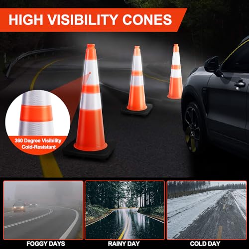 Image of (6 Pack) BESEA 28 inch inch Traffic Safety Cones Orange Road Parking Cones Heavy Duty Construction Cone Structurally Stable for Traffic Control at Public Place