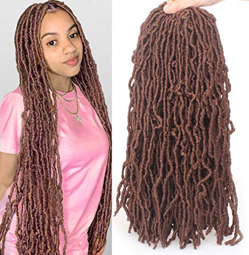 Leeven 18 Inch 2 Packs Synthetic New Soft Locs Crochet Hair 24 Roots 30Messy Faux Locs Crochet Braids Hair For Women Brown Curly Goddess Soft Locs Afro Roots Hair Extensions