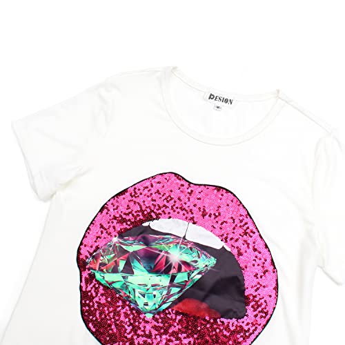 Image of PESION Womens Sparkly Diamond Shirts Short Sleeve Red Sequined Lip Print T-Shirt Tops Tees, White+ Kiss XX-Large