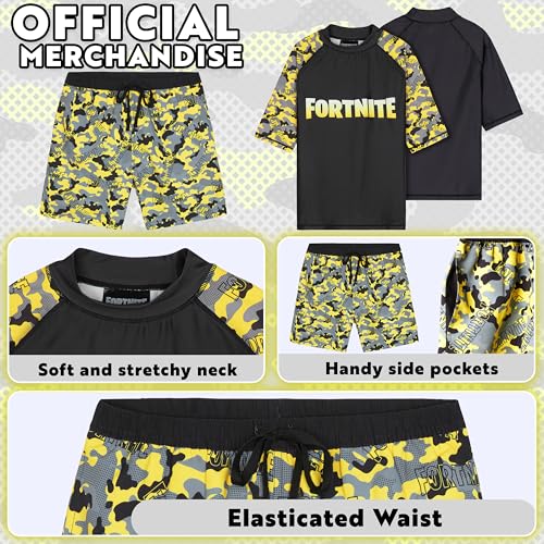 Get Trend Fortnite Bathing Suit Set for Boys Teens 2 Pcs Swim Trunks Boys Rash Guard (9-10 Years, Yellow Fortnite)4