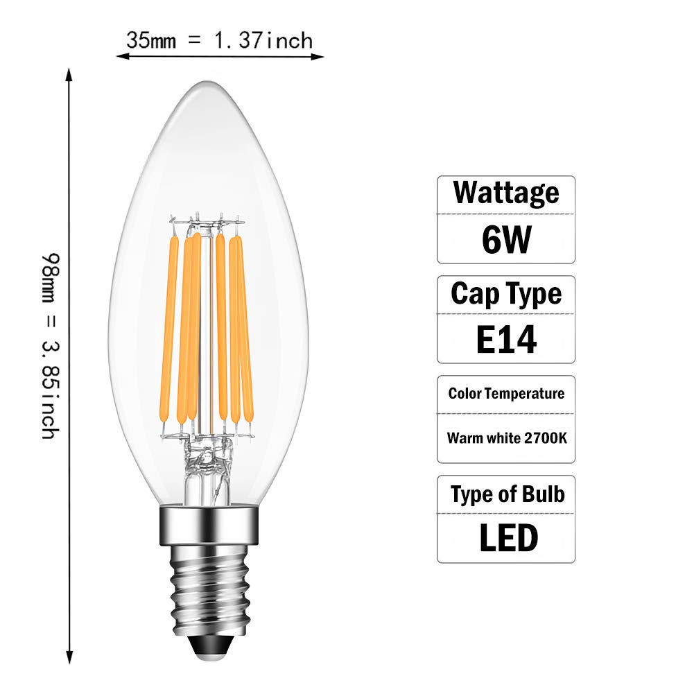 Lampadine a LED Lampadine a Candela dimmerabili E14 da 6 W, equivalenti a incandescenza 60, Bianco Caldo 2700 K, 600 lm, lampadine C35, Confezione