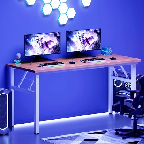 Image of Need Office Computer Desk 54.3 Inch Sturdy Folding Laptop Table Teak | White Frame Writing Gaming Work Table /Foldable Home Office Desk /Sewing Table, No Assembly Required