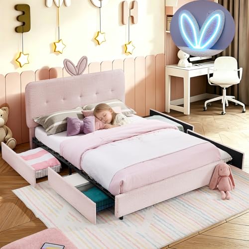 Image of Full Led Bed Frame with 4 Storage Drawer, Upholstered Platform Floor Bed with Rabbit Ear Headboard Daybed Strong Wooden Slats No Box Spring Needed for Kids Girls Boys, Pink