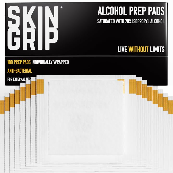 Skin Grip Alcohol Prep Pads – 100 Count of Individually Wrapped Wipes, Saturated with 70% Isopropyl Alcohol – Helps Prep Skin for Injections & Device Application, Must-Have for First-Aid Kits