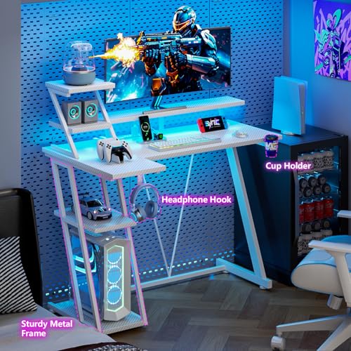 Image of Korfile 40 Inch White Gaming Desk with LED Lights & Power Outlet, Small Gaming Computer Desk with Storage Shelves, L Shaped Gamer Workstations with Monitor Stand for Bedroom