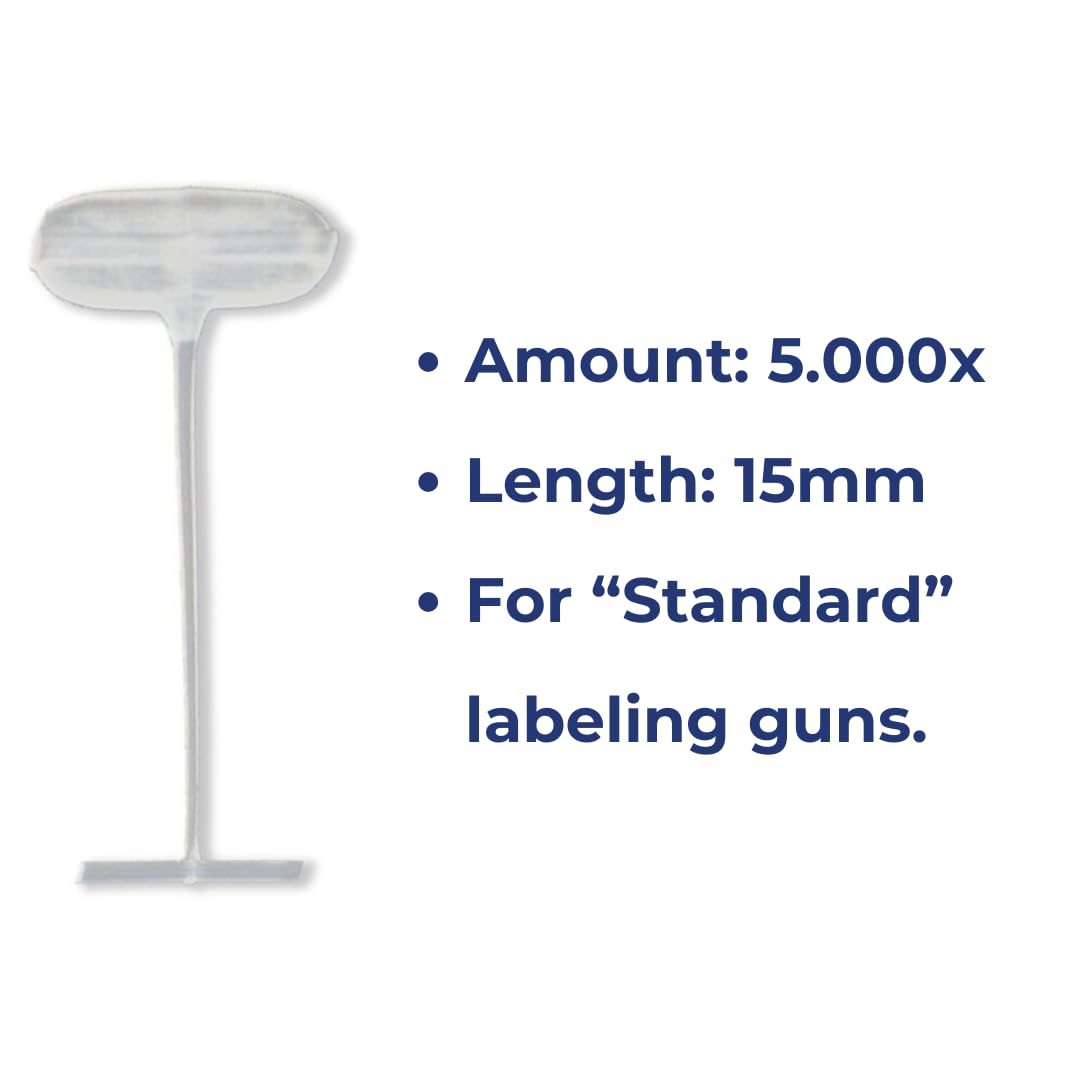 Pokornys - 15mm per pistole etichettatrici standard - Spilline in plastica trasparente per l'etichettatura di abiti e altri tessuti - Adatte per etichette in cartoncino a foro (5000 pezzo)