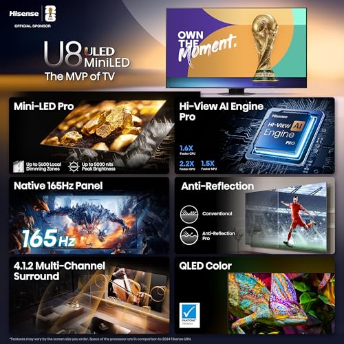 Image of Hisense 75 inch Class U8 Mini-LED ULED 4K UHD Google Smart TV (75U8QG, 2025 Model) - QLED, Native 165Hz, VRR 288, Up to LD5600, 5000 Nits, HDR10+, Dolby Vision IQ . Atmos, IMAX Enhanced, 4.1.2 Ch Audio