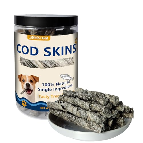 JADINGSFARM Cod Skin Dog Treats Single Ingredient Natural Fish Skin Chews Grain Free High Protein & Omega 3 Dental Health Treats Wild-Caught 7 oz