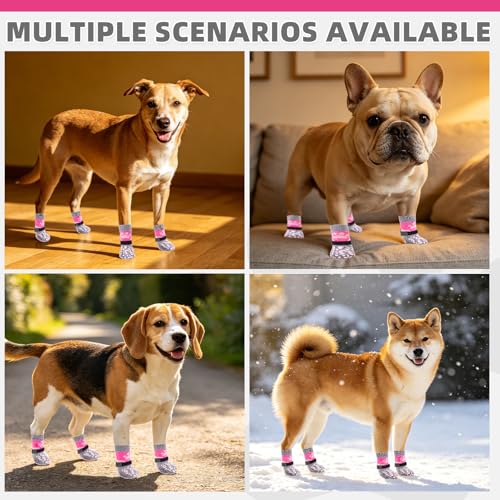 Image of Mihachi Anti Slip Dog Socks, Dog Boots for Hot /Cold Pavement for Hardwood Floors Prevent Licking, Traction Control Waterproof Rubber Sole Paw Protectors for Small Medium Large Senior Dogs, Pink L