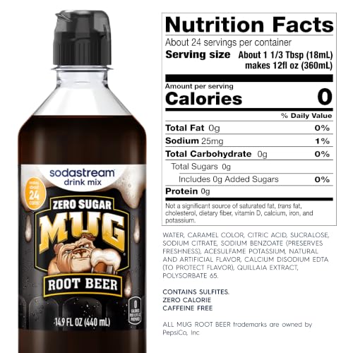 Image of SodaStream MUG Root Beer Zero Sugar Drink Mix, 4 Pack Root Beer Syrup for Sparkling Water Makers, Sugar Free Soda Syrup, Control Your Fizz with Sodastream Flavors, 4 x 14.9 Fl Oz (440ml) Makes about 96 Drinks Per Pack.