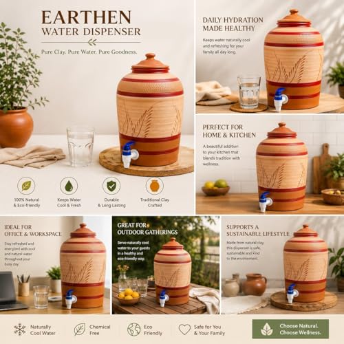 Image of 8L Earthen Water Dispenser with Tap and Lid | Handmade Terracotta Clay Matka | Natural Cooling Water Pot