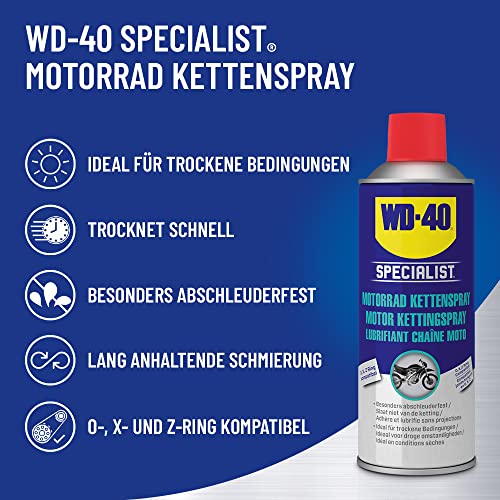 WD-40 Specialist Motorrad Kettenspray | 400ml | Lang anhaltende Schmierung | Schnell trocknend & abschleuderfest | Für O-, X-, Z-Ring-Ketten | Korrosionsschutz | Ideal für trockene Bedingungen