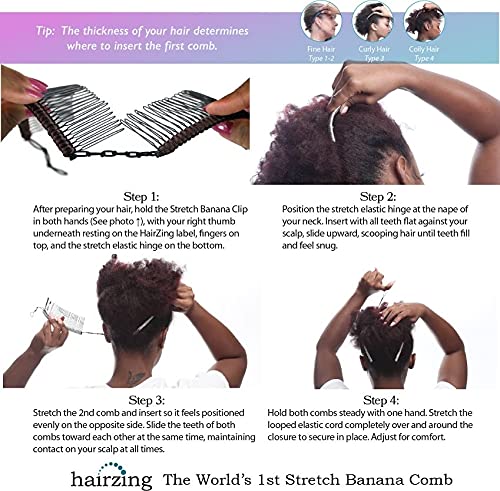 Banana Hair Clip For Thick Curly Hair - Stretch & Adjust, Comfy, Damage & Crease-Free All-Day Hold For Heavy Hair, Updo's In Seconds - Easy Updo's, Fro-Hawks, Ponytails (Black Satin Cord W/Bead Closure) #TOP5