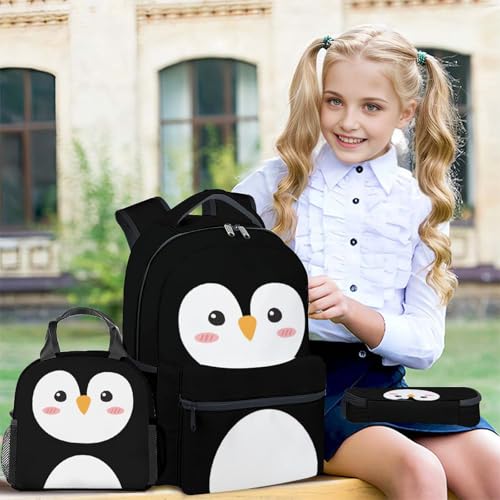 Penguin Backpack with Lunch Box and Pencil Case Set, 3PCS Matching Kids Black Backpacks Combo, Cute Bookbag and Pencil Case Bundle3