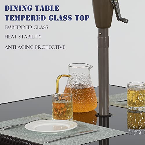 Wisteria Lane Patio Dining Set, 5-Piece Wicker Outdoor Table And Chairs Set For 4, Square Tempered Glass Table Top With Umbrella Hole, Rattan Outdoor Furniture Set For Backyard Deck, Brown #TOP2