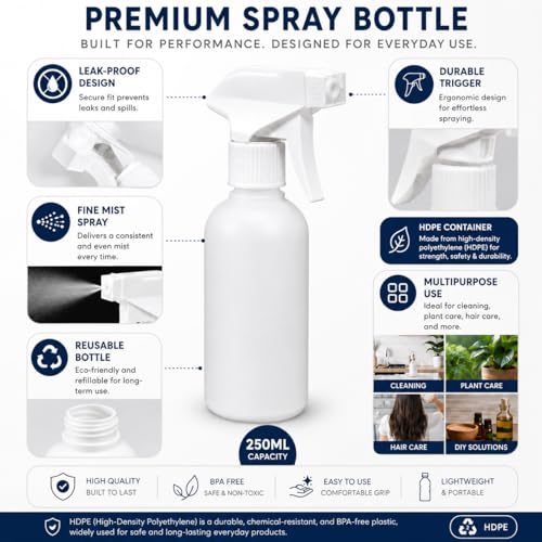 Image of Neza Premium 250ml HDPE Fine Mist Spray Bottle (Pack of 3) - Leak-Proof Trigger Sprayer, Refillable BPA-Free Plastic Bottle for Cleaning Solutions, Plant Care, Hair Care & DIY Use