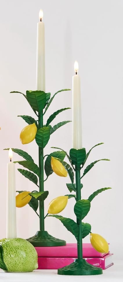 RAZ Imports Lemon Vine Taper Candle Holders, Iron Candlestick Set of 2 with Lemon and Leaf Design, Green and Yellow, 12.5 Inches