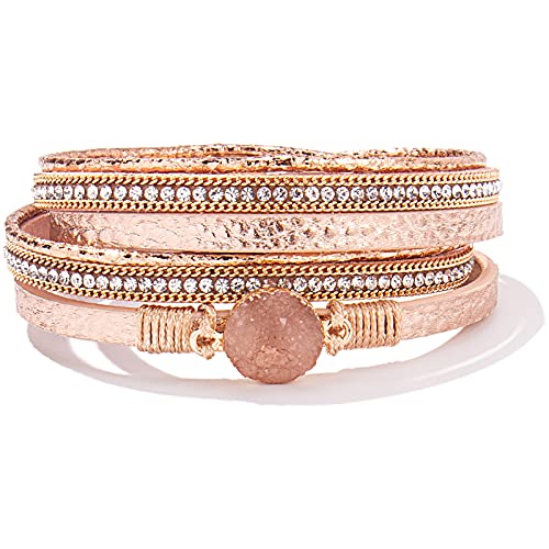 FANCY SHINY Boho Wrap Bracelets Leather Cuff Bracelet Bohemian Jewelry Resin Stone Leather Necklace with Clasp for Women