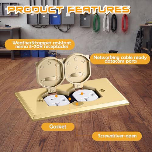 Image of Brass Recessed Floor Outlet Box, UL Listed Low Profile Hidden Flip-Up Floor Outlet with Watertight Gasket, 20A Tamper Resistant Receptacle for Living Room, Home Office, Conference Room