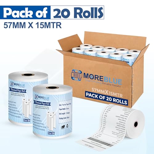 Image of MOREBLUE Credit Card, Food Bills Direct Thermal Receipt Paper Roll, Pack of 20 57mm(2 inch) x 15 Meter, Ink Free Print for POS, Credit Card Machines, & Petrol Pumps