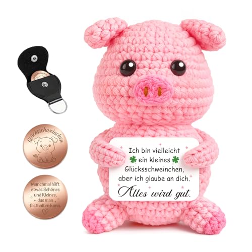 Giftota Glücksschweinchen Geschenk - Handgehäkelter Positive Schwein mit Glücksmünze & Lederetui - Glücksbringer & Mutmacher - Geschenkidee zum Geburtstag - Alles Wird Gut Geschenk