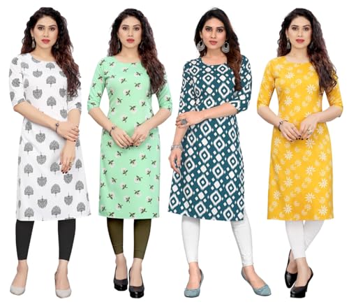 Image of JAKHANA Women's Crepe Printed Casual Straight Calf Length Round Nick Kurta Pack of 4