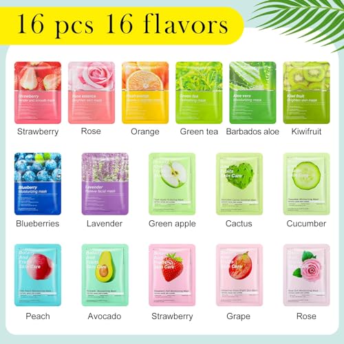 Dimsile 16 Pcs Combo Essence Face Masks Skincare Hydraiting Facial Mask Moisturizing Self Care Sheet Mask for Women Girls Home Spa Skin Care (Assorted Styles)