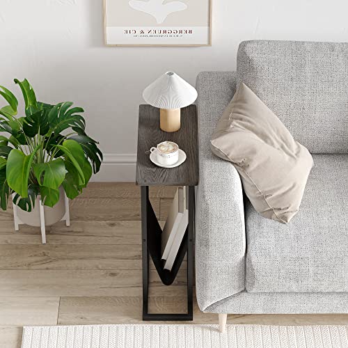 Yusong Small Narrow Side Table For Small Spaces, Slim End Table Magazine Table Nighstand With Storage Holder, Accent Skiny Snack Couch Beside Table, Grey #TOP7