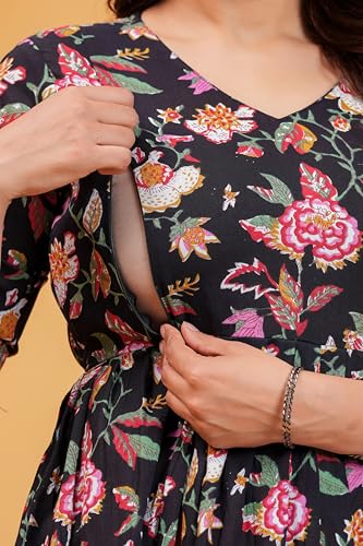 Image of The Moon Star Women's Cotton Floral Printed Anarkali Maternity Feeding Kurti | Breastfeeding Dress for Mothers | Zipper Feeding Kurti, Nursing Kurti, Comfortable and Trendy Maternity Wear