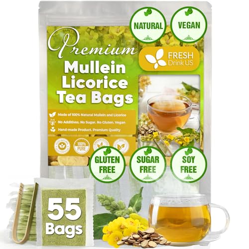 Image of FreshDrinkUS, Premium 55 Mullein Licorice Tea Bags, 100% Natural, Blend of Mullein Leaves, and Licorice Root. Made with Natural Material Tea Bags. No Sugar, Vegan.
