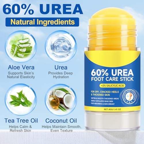 60% Urea Foot Care Stick with 2% Salicylic Acid, 2-Pack Moisturizing Foot Cream Stick for Dry Cracked Heels, Calluses, Rough Thick Skin, Feet, Hands, Elbows & Knees