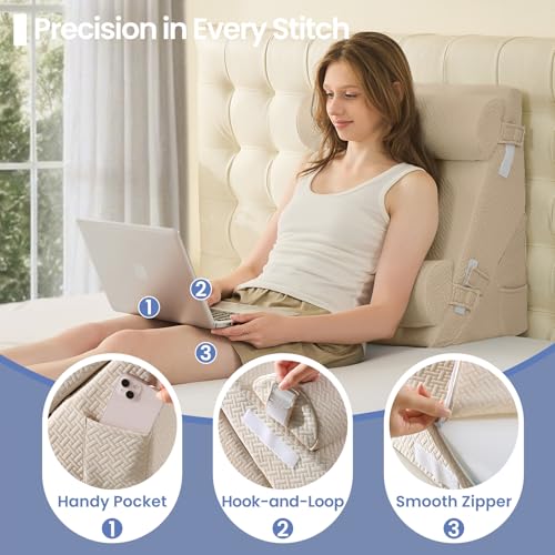 Image of Sasttie Wedge Pillow Set for After Surgery, 3PCS Adjustable Bed Wedge Pillow Headboard with Memory Foam Neck Cushion - for Acid Reflux, Sleeping, Neck & Back Support, Beige