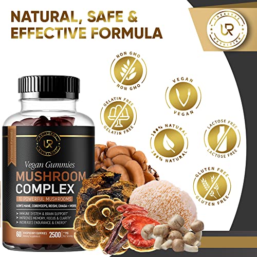 Mushroom Gummies | 10 Mushroom Supplement - 2500mg - Turkey Tail, Chaga, Reishi, Cordyceps & Lions Mane Organic Mushroom Extracts, Nootropic Brain Booster For Focus, Memory, Clarity, Energy | 60ct - Image 6