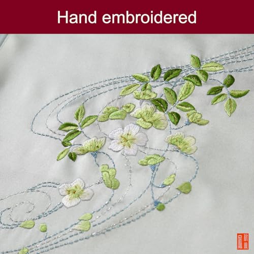 HangErFeng Women Elegant Long Shawl Double Silk Hand Embroidery Green Scarf 10503