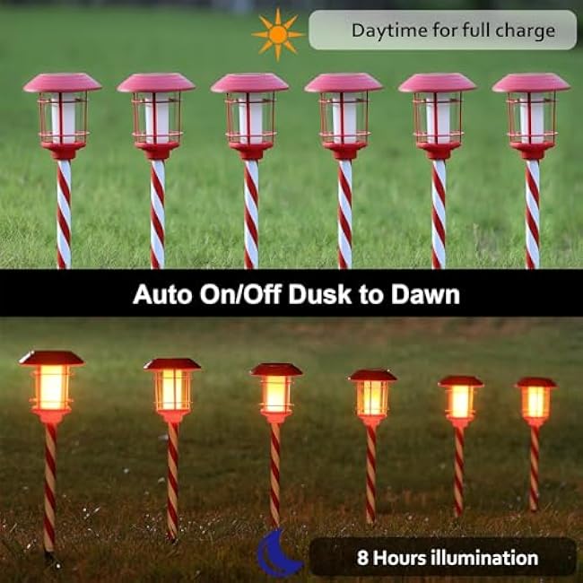 Dynaming 6 Pack Christmas Solar Flame Garden Lights Outdoor, Dual Use Flickering Flame Torch Candy Cane Pathway Marker, Xmas Hanging Lantern Lights, Waterproof & Auto On/Off for Patio Walkway Driveway