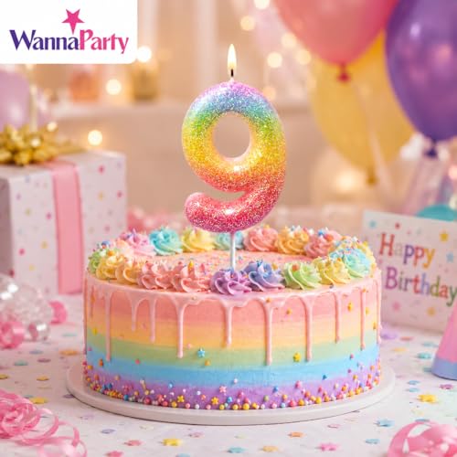 Image of Wanna Party Glitter Colorful 9th Birthday Candle, Birthday Number 9 Cake Candle Cake Toppers for Girl Women, Glitter Colorful Themed Party Decorations Supplies Birthday Gifts