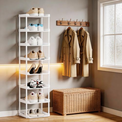 SZSHYNJ 8 Ebenen Schuhregal Schmal und Hoch, Vertikales Schuhregale Stapelbar, Kleines Regal Platzsparend, Eckschuhregal Kinder, Vertical Shoe Rack für Garten, Treppe, Terrasse, Flur, Küche, Weiß