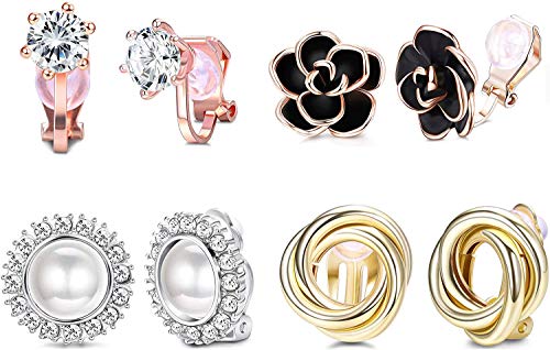 YADOCA 4 Pairs Clip Earrings for Women Fashion Rose Flower CZ Pearl Twist Knot Hypoallergenic Non Pierced Clip On Earrings