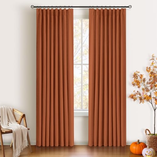 Pinch Pleated Blackout Curtains 120 Inch Long, Linen Blend, 100% Blackout Drapes with 20 Hooks, Ideal for Bedroom and Living Room, 40" W x 120" L (Pack of 2), Orange
