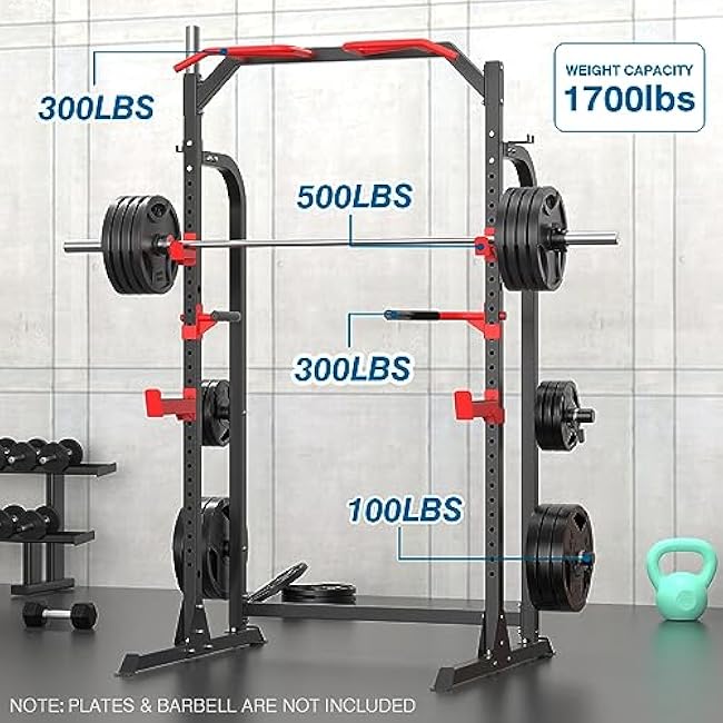 SunHome Power Cage Squat Rack, Multi-Functional Power Rack with Pull Up, J-Hooks, Dip Handles, Weight Plate Storage