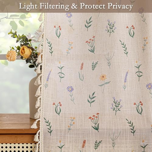 Image of MYSKY HOME Floral Boho Semi Sheer Linen Blend Farmhouse Curtains 84 Inches Long 2 Panels Set Cute Flower Printed Drapes with Tassels Back Tab Rod Pocket for Living Room Bedroom, 50 inch Wide, Dusty Pink