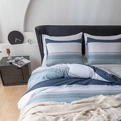 Image of EAVD Cotton Duvet Cover Full Size White Grey Blue Striped Bedding Set with 2 Pillowcases Modern Geometric Striped Duvet Cover with Zipper Closure