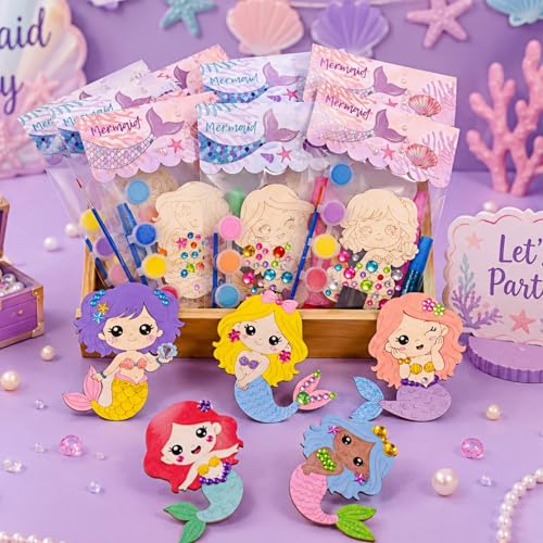 12 Pack Pre-Packaged Mermaid Party Favors, DIY Wood Painting Craft Kit by VENUSFIT - Used condition - Image 4